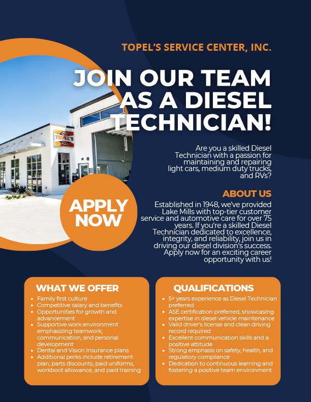 Join Our Team As a Diesel Technician | Topel's Towing & Repair, Inc.